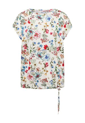 Hvid bluse med korte ærmer og flerfarvet blomsterprint, rund halsudskæring og justerbar bindedetalje i bunden.