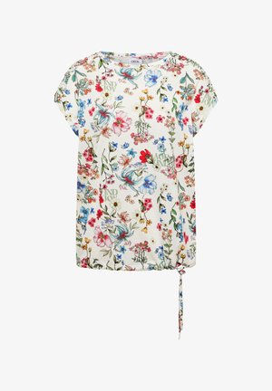 Hvid bluse med korte ærmer og flerfarvet blomsterprint, rund halsudskæring og justerbar bindedetalje i bunden.