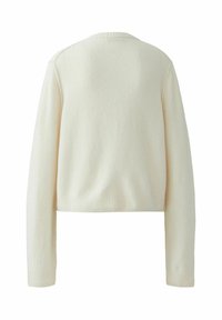 Cremefarbener, verkürzter Pullover mit langen Ärmeln, geripptem Saum und Bündchen, strukturiert, weiches Material und rundem Halsausschnitt. Keine sichtbaren Logos oder Muster.