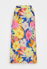 Kukkakuvioinen maksihame hengittävästä kankaasta. Ominaisuudet: eläväinen sininen tausta, jossa on keltaisia, vaaleanpunaisia ja oransseja kukkakuvioita. Joustava vyötärö.