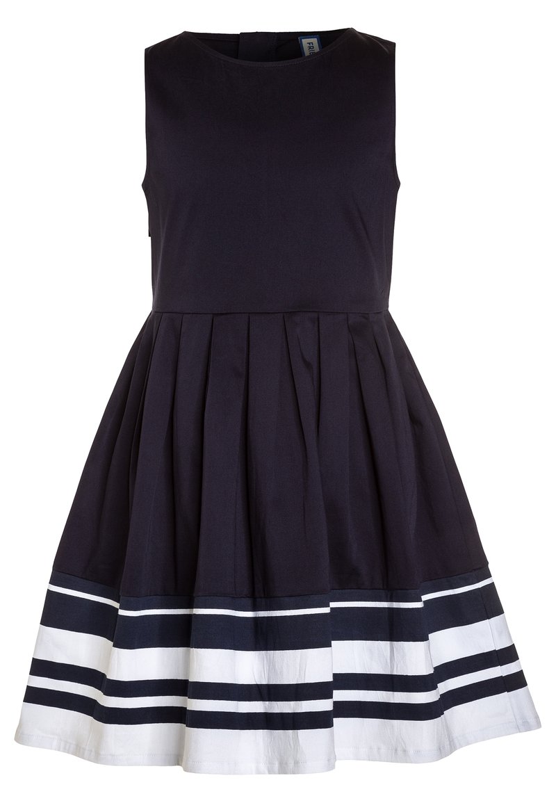 Hame pitkä ilman hihoja tummasta laivaston sinisestä kankaasta, joka sisältää pleatatut helmat, joissa on valkoinen ja laivaston sininen raidoitus. Pyöreä pääntie, puolipitkä muoto.