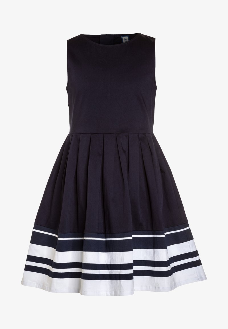 Hame pitkä ilman hihoja tummasta laivaston sinisestä kankaasta, joka sisältää pleatatut helmat, joissa on valkoinen ja laivaston sininen raidoitus. Pyöreä pääntie, puolipitkä muoto.