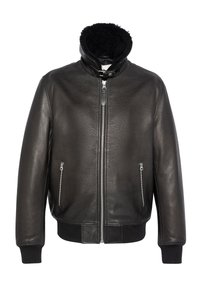 Blouson aviateur en cuir noir avec un col en fausse fourrure, une fermeture éclair à l'avant et deux poches latérales zippées. Poignets et ourlet côtelés.