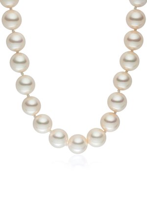 White pearl necklace with uniformly shaped lustrous pearls, connected by thin string, featuring a smooth, rounded finish.