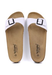 Sandales à glissière blanches avec une seule boucle réglable, semelle en liège, et logo noir imprimé sur le pied, présentant une surface supérieure lisse.