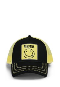 Black cap with yellow mesh sides features a front patch displaying a smiling face and "NIRVANA" text in bold black letters.
