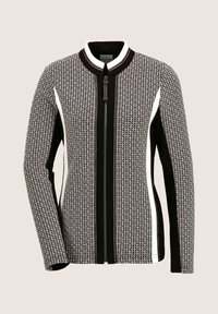 Schwarz-weiß gemusterte Jacke mit Stehkragen, durchgehendem Reißverschluss, kontrastierenden weißen Seitenakzenten und langen Ärmeln. Strukturierter Stoff.