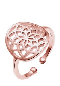 Roségoldring mit einem durchbrochenen Blumenmuster in Herzform. Glatte Bandgestaltung mit zwei abgerundeten Enden und polierter Oberfläche.