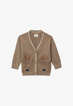 Braune, gestrickte Strickjacke mit V-Ausschnitt, verziert mit Rentier-Taschenmotiven, Geweih aus braunem Stoff und zwei Knöpfen vorne.