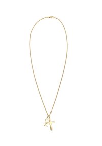 Goldfarbene Halskette mit einer dünnen, zarten Kette, die ein Fischsymbol und einen Kreuzanhänger zeigt, beide poliert und geometrisch gestaltet.
