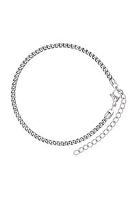 Silbernes Metallarmband mit Gliedern im Fischgrätenmuster, ausgestattet mit einem Karabinerhakenschluss und einer verstellbaren Kettenverlängerung.