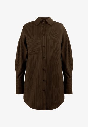 Camicia a maniche lunghe a righe marroni con colletto button-down e tasca sul petto caratterizzata da righe orizzontali. Tessuto liscio, vestibilità comoda.