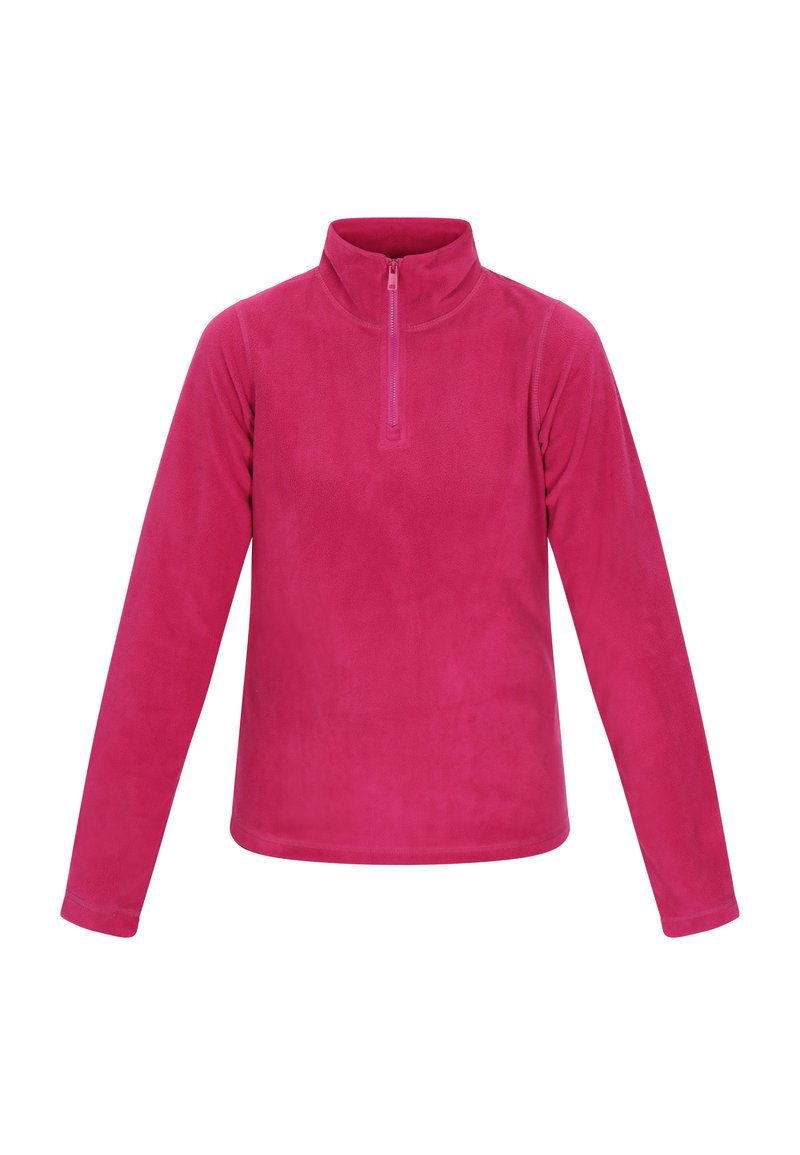 Fleece pullover in felroze, met een hoge kraag en een halve rits aan de voorkant. Lange mouwen met een gladde, zachte textuur.