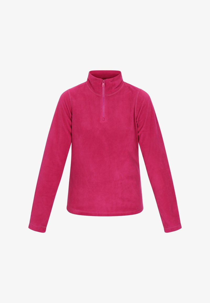 Fleece pullover in felroze, met een hoge kraag en een halve rits aan de voorkant. Lange mouwen met een gladde, zachte textuur.