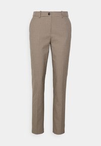 Slank-passende bruine en zwarte geruite broek met riemlussen en een sluiting met een knoop aan de voorkant.