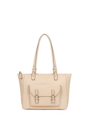 Beige leren draagtas met dubbele schouderhengsels, een voorvakklep met twee gespsluitingen en gouden accenten.