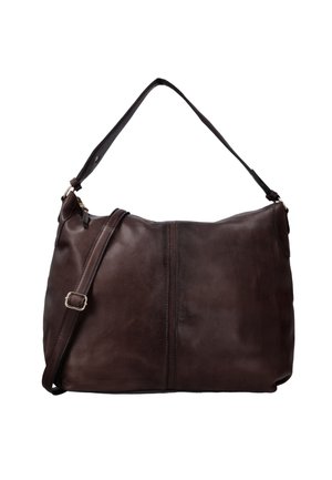 Donkerbruine leren schoudertas met een bovenhandvat en een verstelbare draagriem, voorzien van een centrale verticale naad en een ritssluiting.