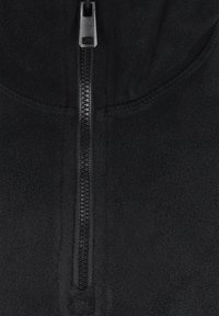 Zwarte fleece zip-up jas met een textuur oppervlakte, voorzien van een duurzame rits en contrasterende stiksels langs de randen.