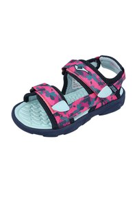 Chanclas deportivas con suela azul marino, correas con diseño de camuflaje en rosa y turquesa, cierres ajustables de velcro y plantilla texturizada para un mejor agarre.