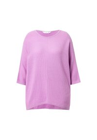 Hellpurpurner, übergroßer Strickpullover mit rundem Ausschnitt und kurzen Ärmeln, der aus einem strukturierten Stoff gefertigt ist und eine lässige Passform bietet.