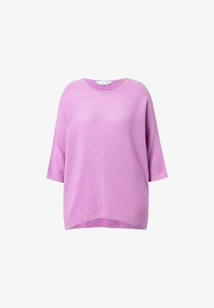 Lyse lilla oversized striktrøje med rund halsudskæring og korte ærmer, der har et tekstureret stof og en afslappet pasform.