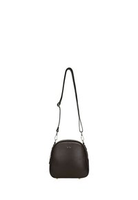 Borsa a tracolla compatta in pelle marrone scuro con tracolla regolabile e dettagli in cerniera argentata, mostrata su sfondo bianco.