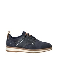 Dark blue casual shoes with textured fabric upper, leather accents, and contrasting tan sole. Features lace-up design and branding detail.