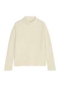 Cremfarbener gestrickter Rollkragenpullover mit lockerer Passform, ausgestattet mit einem strukturierten Muster und langen Ärmeln.