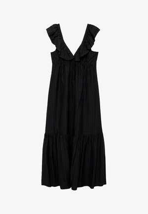 Sort ærmeløs kjole med rynkede stropper, der har v-hals, tekstureret stof og en lagdelt, udskåret bund.
