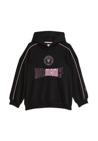 Felpa nera con maniche lunghe, dettagli rosa lungo le cuciture, grande tasca frontale, logo stampato e testo "INTERMIAMICF" sulla parte anteriore.