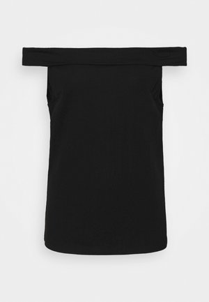 Sort off-shoulder top med en lige halsudskæring, ærmeløs design og glat stoftekstur. Enkel, minimalistisk stil.
