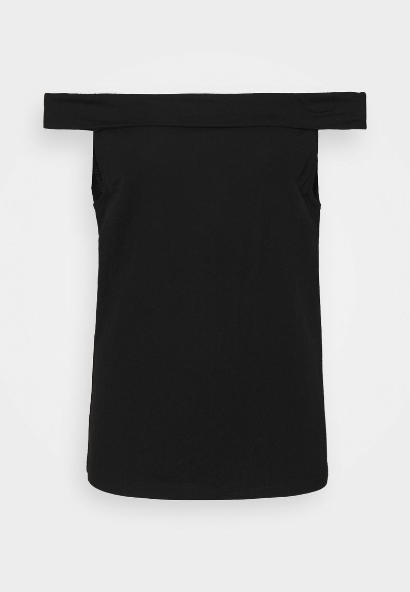 Haut noir à épaules dénudées avec un décolleté droit, sans manches et texture de tissu lisse. Style simple et minimaliste.