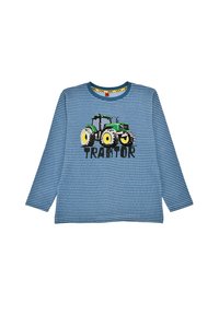 Gestreiftes blaues Langarmhemd mit einem grünen Traktor-Graphic, gelben Rädern und dem Text "TRACTOR" in Schwarz. Aus Baumwollmaterial.