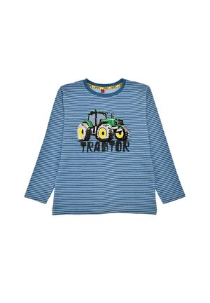 Gestreiftes blaues Langarmhemd mit einem grünen Traktor-Graphic, gelben Rädern und dem Text "TRACTOR" in Schwarz. Aus Baumwollmaterial.