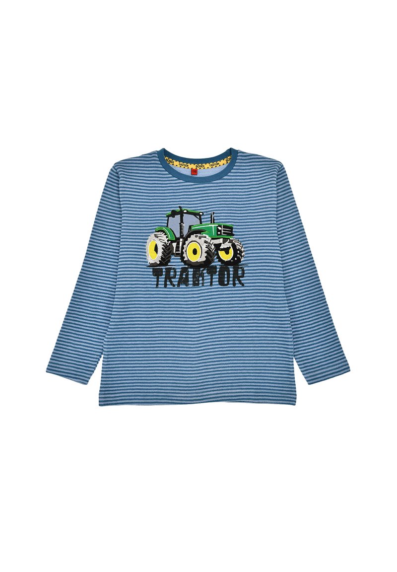Gestreiftes blaues Langarmhemd mit einem grünen Traktor-Graphic, gelben Rädern und dem Text "TRACTOR" in Schwarz. Aus Baumwollmaterial.