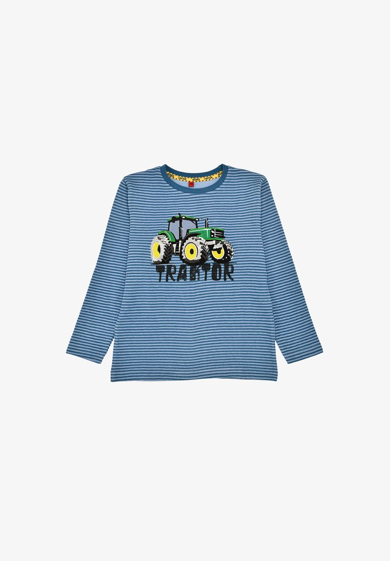 Striped blue long-sleeve shirt featuring a green tractor graphic with yellow wheels and the text "TRACTOR" in black. Cotton material.