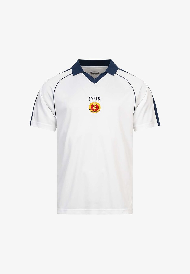White short-sleeve sports shirt with dark blue collar, thin shoulder piping, and DDR emblem with hammer and compass symbol on the chest.