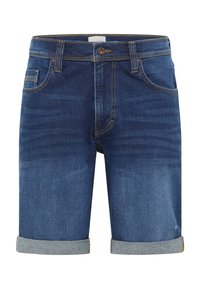 Granatowe szorty dżinsowe z podwiniętymi mankietami, pięcioma kieszeniami i kontrastującymi żółtymi szwami. Gładka tekstura i standardowy krój.