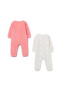 Dos bodies de bebé de manga larga, uno rosa sólido y otro blanco con pequeños estampados de conejitos, dispuestos plano mostrando las partes traseras.