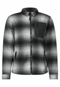 Rutig jacka i svarta och grå nyanser, med dragkedjestängning, en ficka med dragkedja på bröstet, två sidofickor och krage.