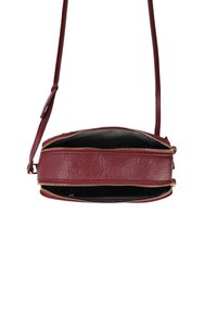 Borsa a tracolla in pelle color marrone con due scomparti aperti con zip e una tracolla regolabile su uno sfondo bianco.