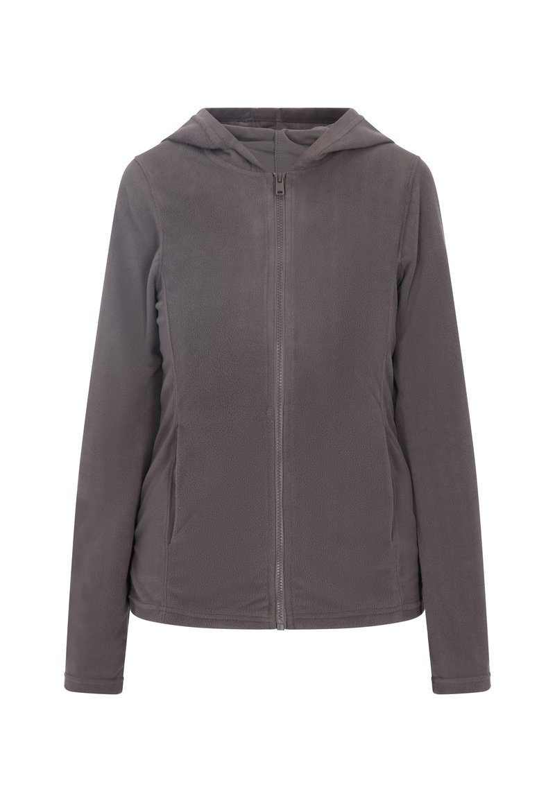 Giacca in pile grigia con zip frontale, cappuccio, maniche lunghe e tasche laterali; tessuto liscio con una leggera lucentezza.