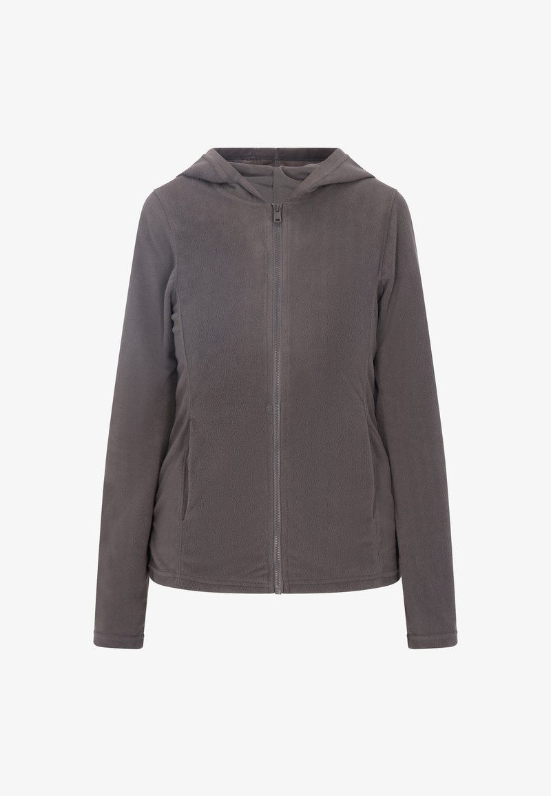 Szara polarowa kurtka z zamkiem z przodu, kapturem, długimi rękawami i bocznymi kieszeniami; gładka tekstura z lekkim połyskiem.