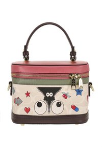 Sac compact avec un dessus rose, un dessous marron et des graphismes de dessin animé ludiques, comprenant des yeux, des étoiles et des cœurs. Comprend des fermetures éclair dorées.