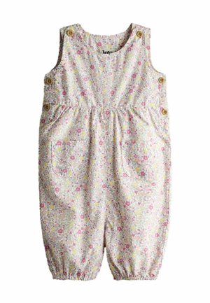 Grenouillère bébé sans manches à imprimé floral avec boutons en bois sur les épaules et les côtés, poches avant et ouvertures élastiquées aux jambes.