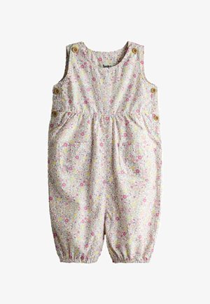 Rankovių be gėlių raštu kūdikio kombinezonas su mediniais mygtukais ant pečių ir šonų, priekinių kišenių ir tampriais kojų angomis.