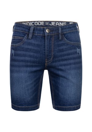Denim shorts in dark blue with a straight cut, five pockets, and light fading. Features a button closure and contrast stitching.