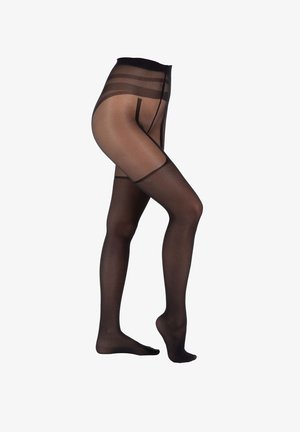 Melni caurspīdīgi zeķubikses ar augstu jostasvīru, kurām ir nostiprināta pirksta daļa un smalka svītru izšūšana augšpusē.