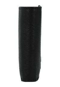 Black leather pen holder with a textured finish, rectangular shape, and stitched edges. Features a secure closure at the top.