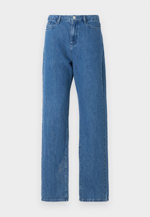 Light blue denim jeans with a high waist, wide legs, and a classic five-pocket design. The fabric features a subtle texture.